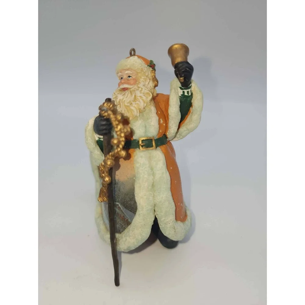 Vintage Santa Claus Figurine Orange Robe Winter Scene Bell Staff Christmas 4.5in - Picture 2 of 7